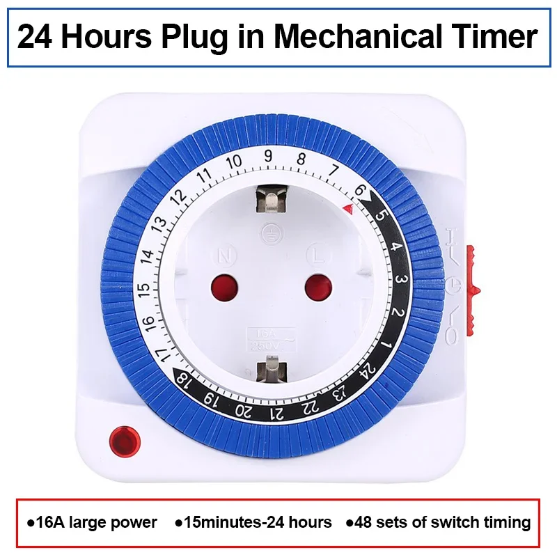 EU/US 24 Hours Timer Switch Timer Plug in Mechanical Grounded Programmable Smart Countdown Loop Switch Socket Auto Power off