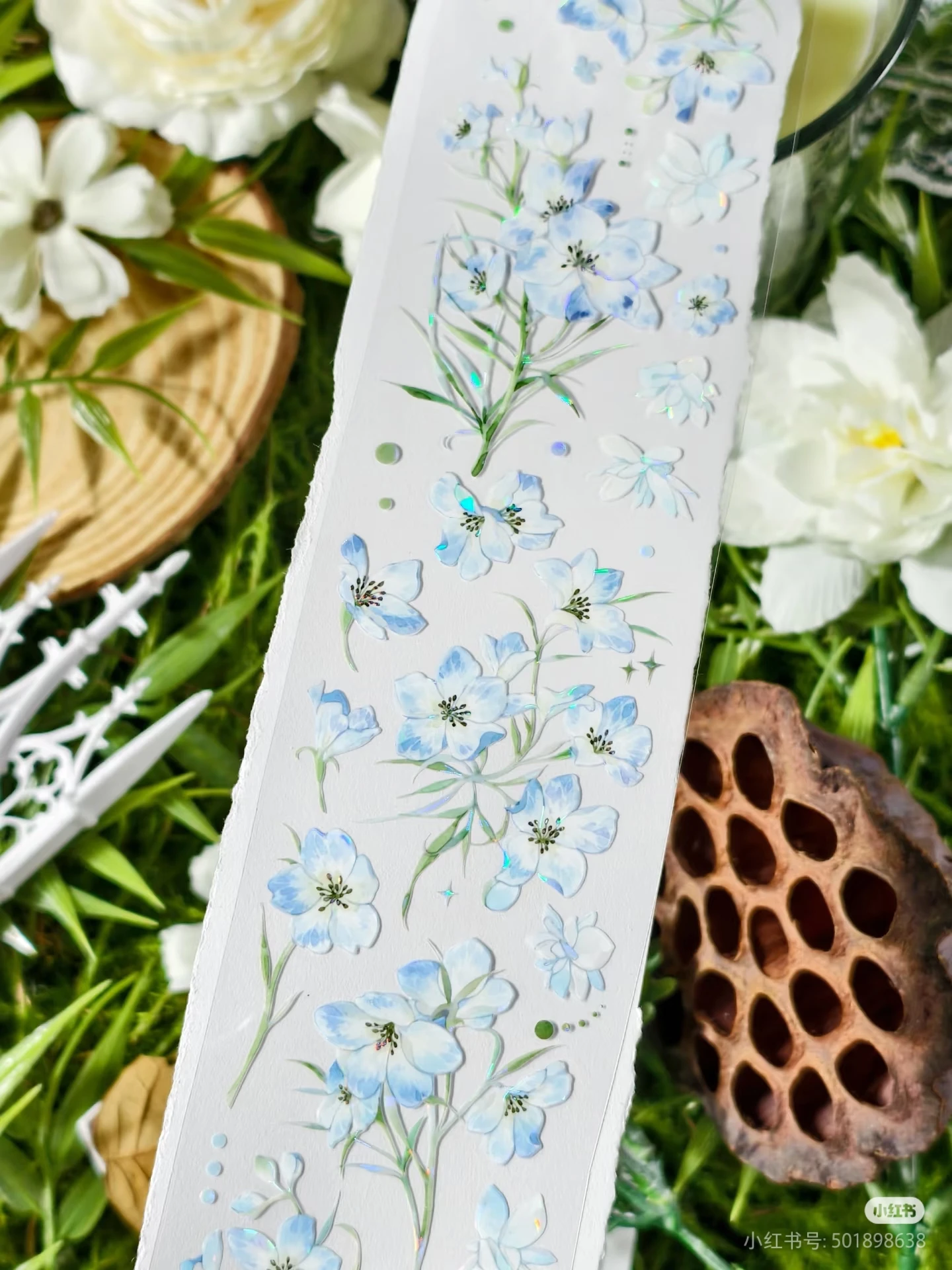 

[Маленький Feiyan] Pet Washi Tape Collage Задняя карта мобильного телефона Синий и белый маленький цветок