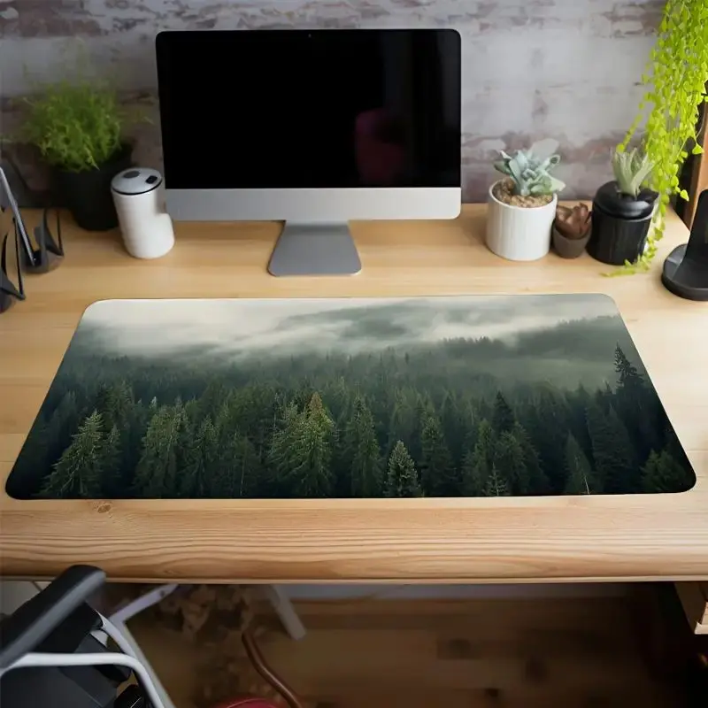 Forest Background Game Mouse Pad Gaming Carpet Green Desk Pad Keyboard with Non-slip Rubber Base Suitable for Work Gaming Office