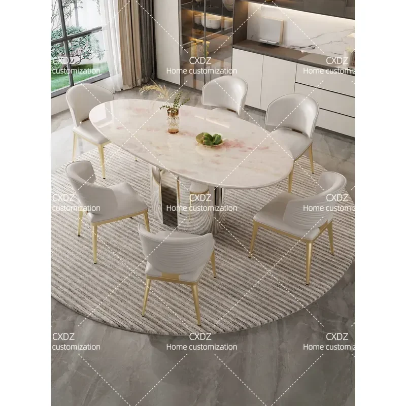 Italian Light Luxury Natural Marble Oval Dining Table High End Villa Home Size Dining Table and Chair Combination
