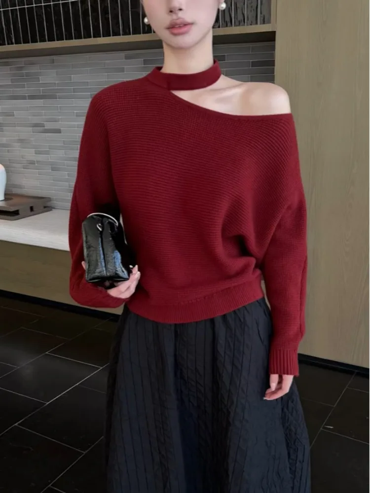 

Вязаный свитер с открытыми плечами, женский красный свободный крой, зимний новогодний топ с подвесными плечами, Cisas, повседневный модный топ