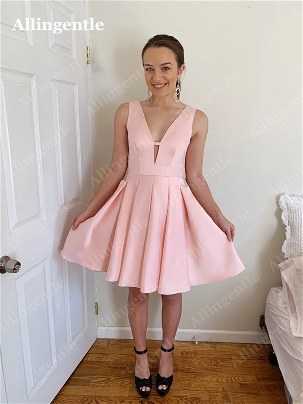 Allingentle Short Mini Graduation Homecoming Dresses 2024 Sleeveless V-neck Satin A-Line Cocktail Party Gowns Vestidos De Gala