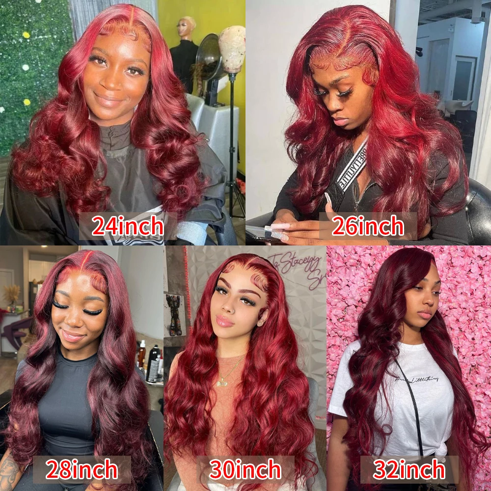 Perruque Lace Front Wig Body Wave Brésilienne Naturelle, Cheveux Humains, Couleur Bordeaux, 13x6, 13x4, HD 99j, Pre-Plucked, 180%, pour Femme