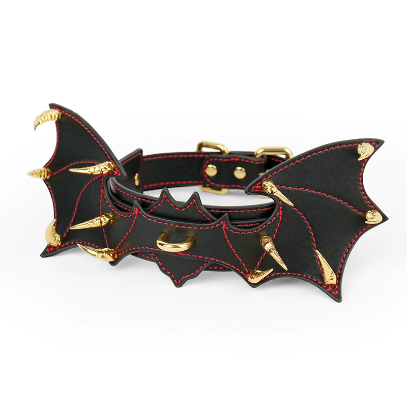 1SET Choker & Leash Chain BDSM Collar Leather Bat Halloween Theme Sexy Bondage Gadget Cosplay Adult Sex Toys for Couple SM Games