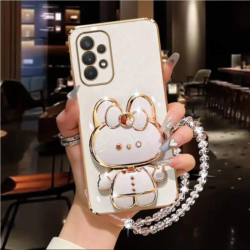 Diamond Strap Mirror Rabbit Phone Holder Case On For Samsung Galaxy A32 A22 A33 A51 A52 A52S A53 A71 A72 A73 4G 5G Stand Cover