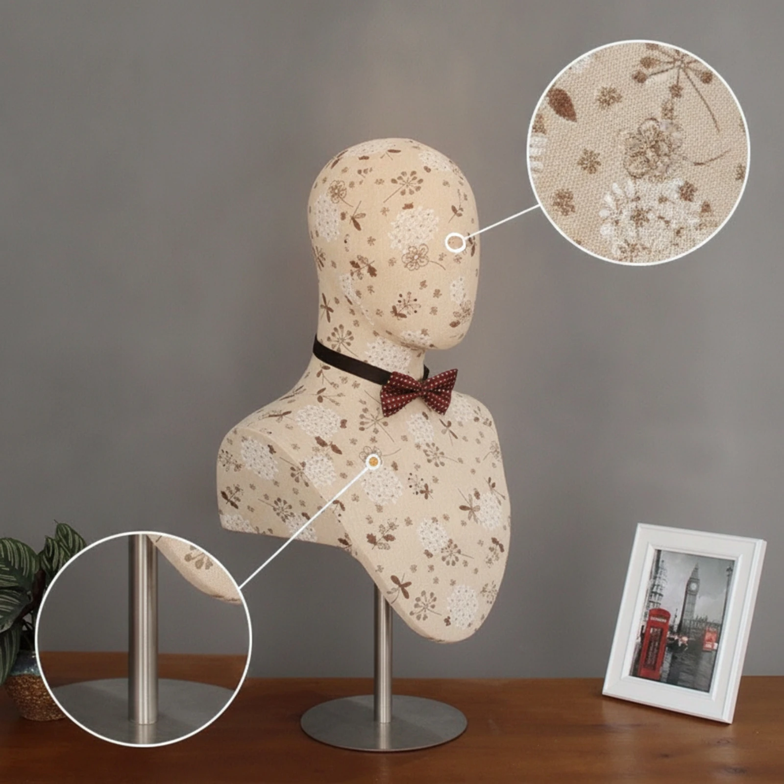 Male Mannequin Head Countertop Mannequin Bust with Stand Fabric Covered Display Head Easy to Assemble Adjustable