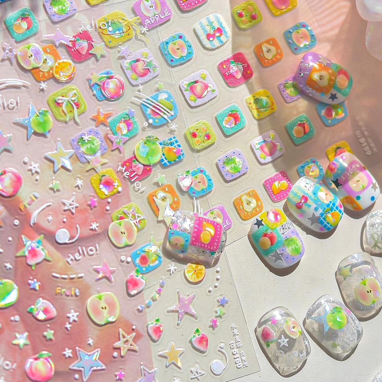 Jelly Rode Tomaat Lychee Poëzie Litchi Appel Citroen Kers Aardbei Watermeloen Perzik Vruchten Strik Cake Nail Art Stickers Decal