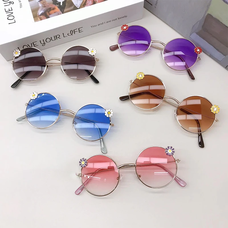 2025 New Children's Round Frame Flower Baby Outing Sunshade Concave Style Dressing Photo Sunglasses Trendy
