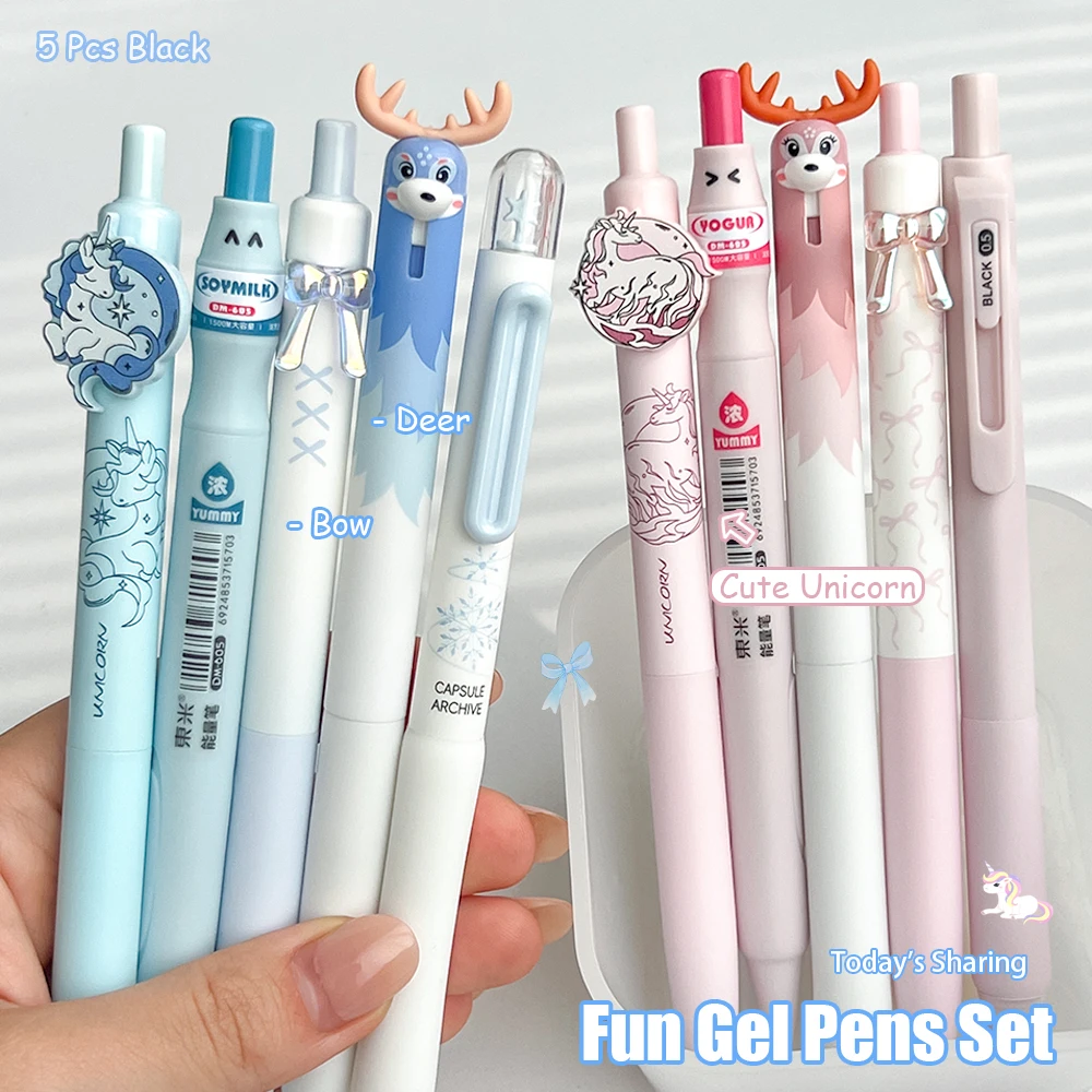 5-teiliges Spaßiges Gelstift-Set 0,5mm Niedliche Tier-Schnelltrocknende Stifte Kreatives Einfaches Schleifen-Einhorn-Design für Schule & Büro