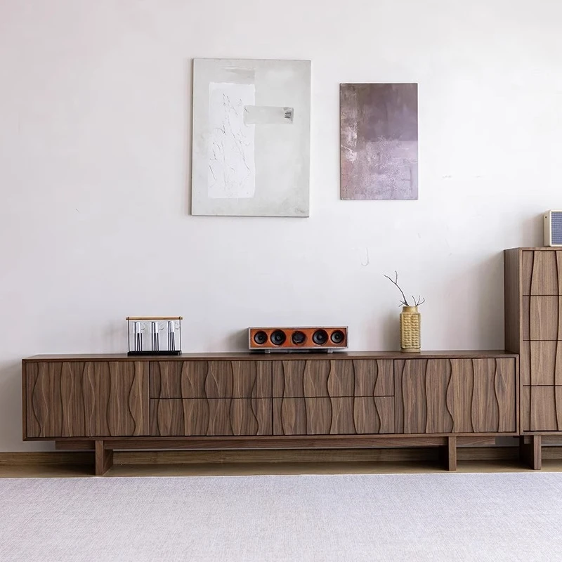 Meuble TV médiéval en noyer noir, meuble tout du sol au plafond en bois massif, meuble latéral moderne et simple pour petit appartement pour vivre