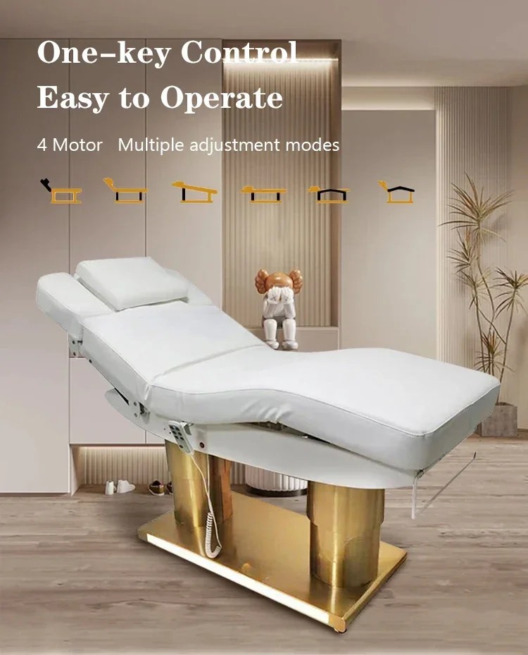 Cama confortável massagem para salão de beleza, cama elétrica para cosméticos facial spa e chicotagem, branco e dourado, novo design