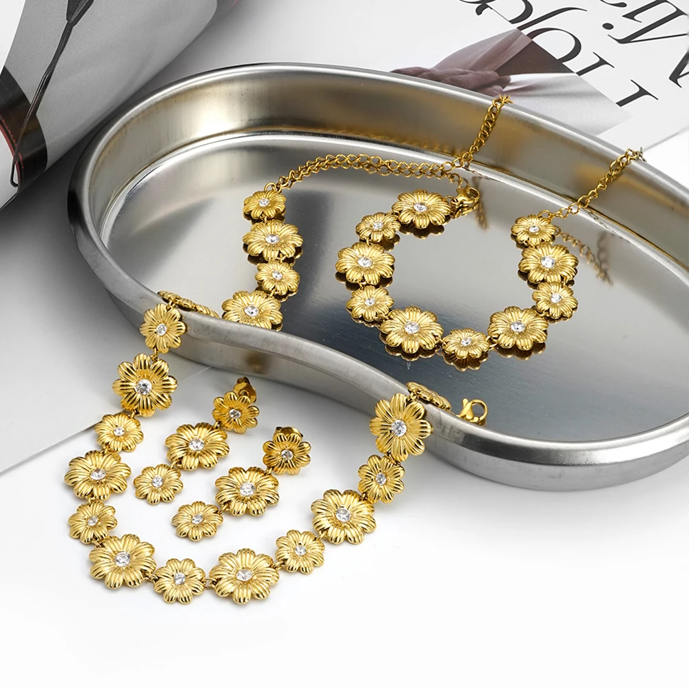 

ENFASHION Para Mujer Plant Flower Zircon Chain Necklace For Women's Stainless steel Bracelet 18K Plated Gold Jewelry P263687