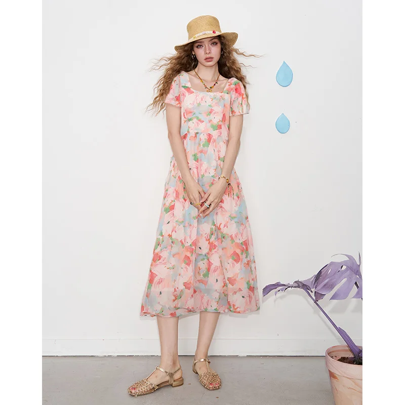 ELFSACK Zoete zachte bloemen grafische chiffon midi-jurk met fladdermouwen voor dames