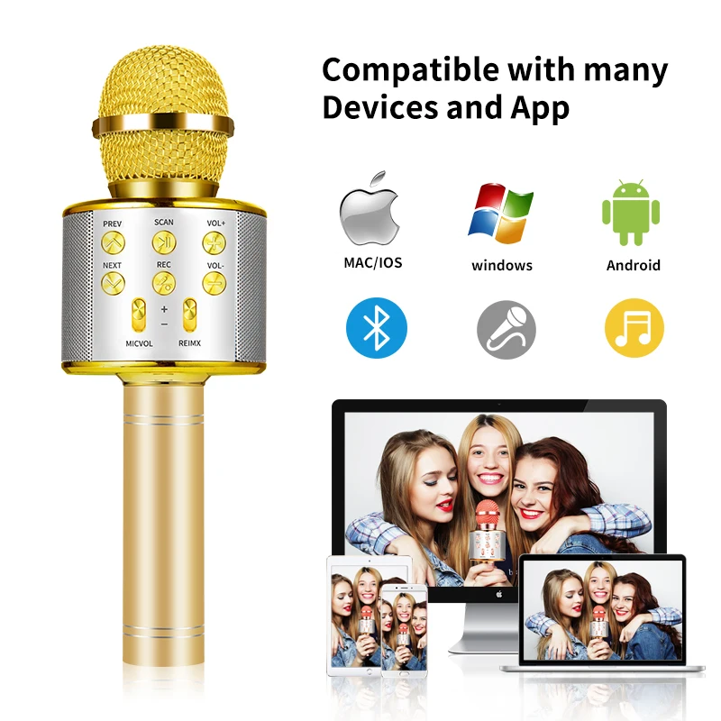Microfono ricaricabile portatile con altoparlante per microfono karaoke wireless Bluetooth 5 in 1 per canto in casa
