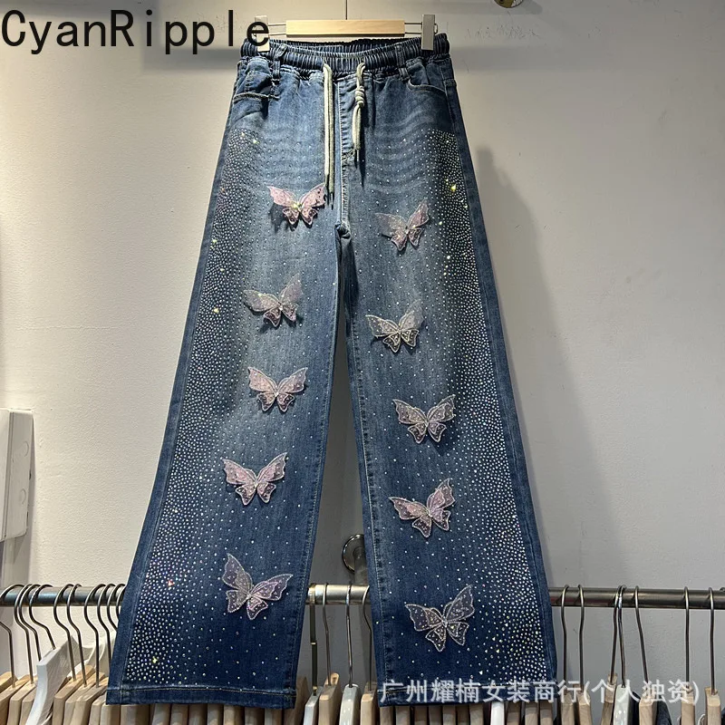 Trendy New Spring Summer Loose Women Denim Pants All-match Shiny Butterfly Hot Diamonds Drawstring Elastic Waist Straight Jeans