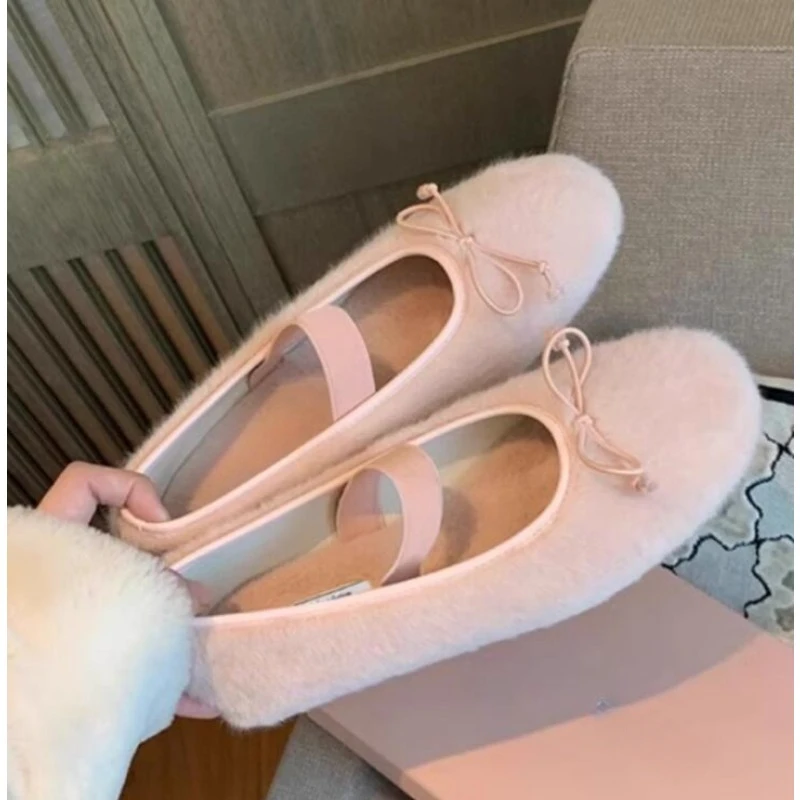 

Luxury Sweet Pink Mink Fur Ballet Flats Shoes Classic Women Internal Elevation 3.5cm Plush Inside Mary Janes Shoe Band Moccasins