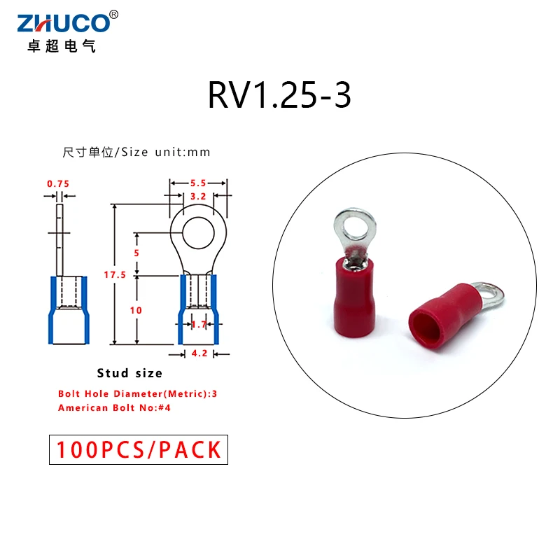 100pcs RV1.25-3 Copper Ring Round Red PVC Pre-Insulated Electrical 22-16AWG 0.5-1.5mm2 Wire Connector Crimp Cable Terminal
