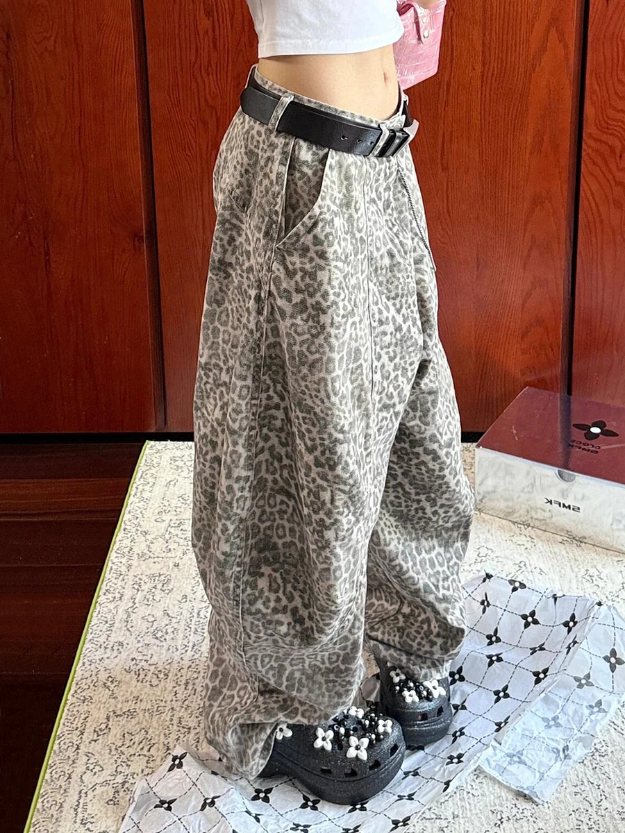 ReddaChic Snow Leopard Boyfriend Jeans Boyfriend Retro Patchwork Seam Wide Leg Barrel Low Rise Casual Pants Y2k Women Streetwear