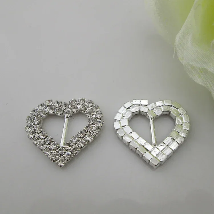 10pcs Double Heart Silver Rhinestone Ribbon Slider Buckle for Craft