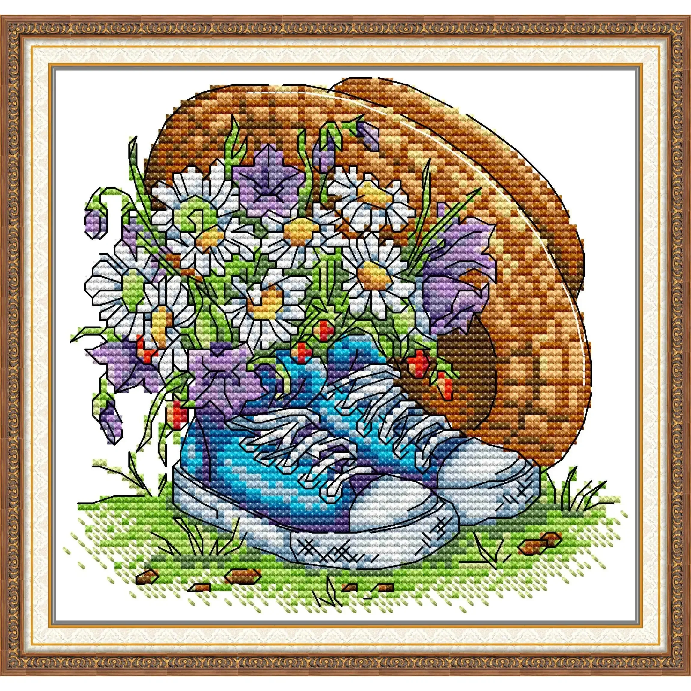 Joy Sunday Pre-printed Cross Stitch Kit  Easy Pattern Aida  Stamped Fabric Embroidery Set-Daisies in Sneakers