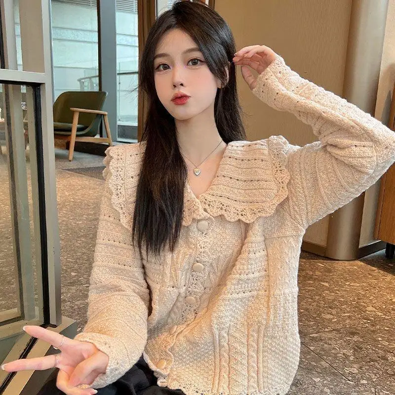 Korean Peter pan Collar knitting Cardigan coat Women Autumn Winter Solid color Long sleeve sweater All-match sweet Knitwear tops