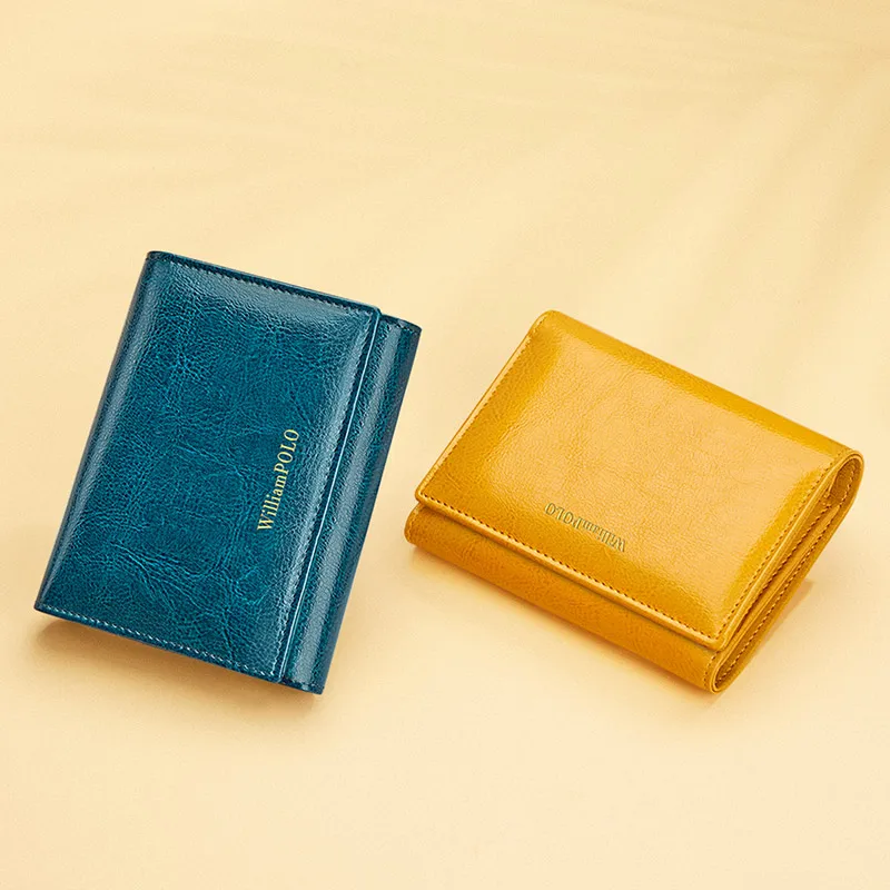 Vintage style genuine leather wallet, bright short style card holder, multifunctional and fashionable money bag