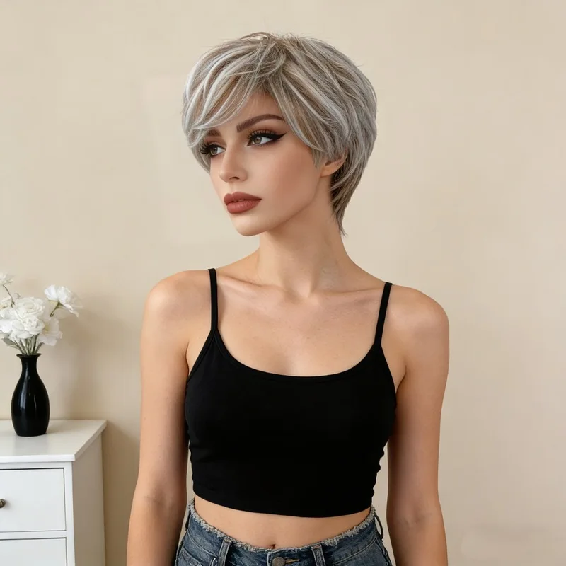 Light Blonde Short Hair Slanted Bangs Woman Wig Daily Wear High Temperature Silk Chemical Fiber Head-Wearing Wig