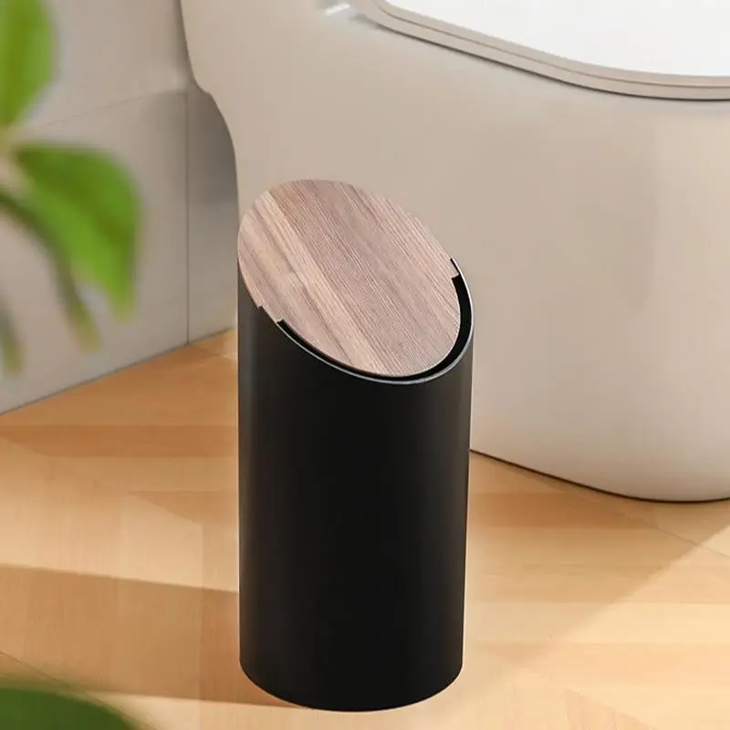 

Garbage Can With Lid White Swing Top Round Trash Can Modern Wooden Covered Waste Basket Sleek Garbage Container For Kitchen