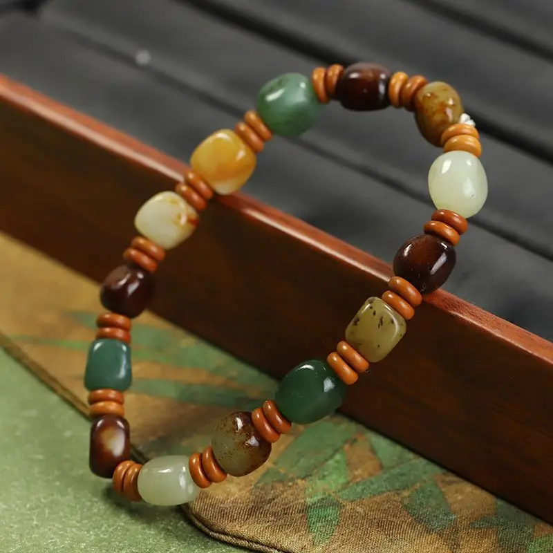 Hetian Bracelet, White With Red Accents, Irregular Shape, Unisex Jade Jewelry