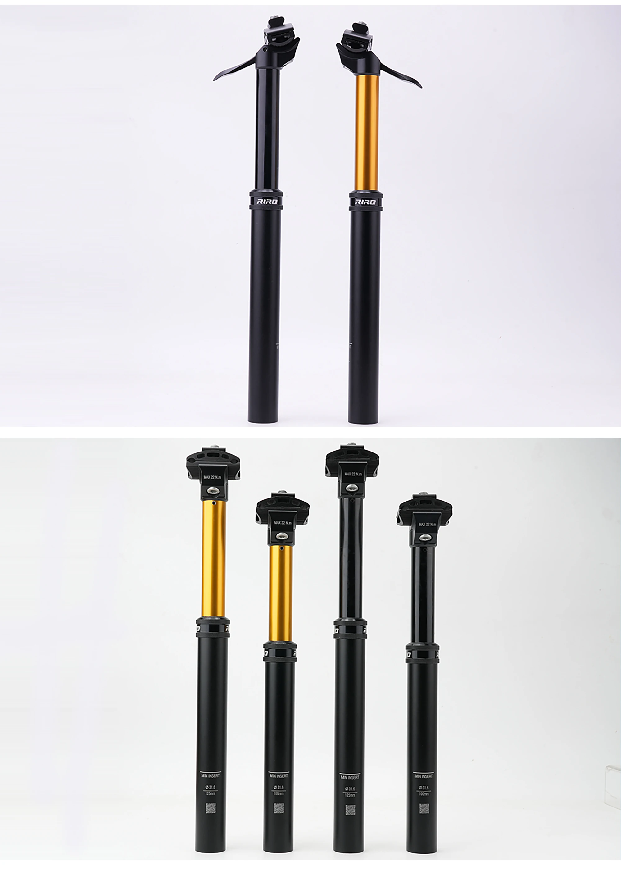 RIRO MTB Dropper-Sattelstütze, hydraulisch, handgesteuert, teleskopierbar, Sattelrohr, Gold/Schwarz, 27,2/30,9/31,6 mm Durchmesser, 100/125 mm Verstellweg – Detail 16