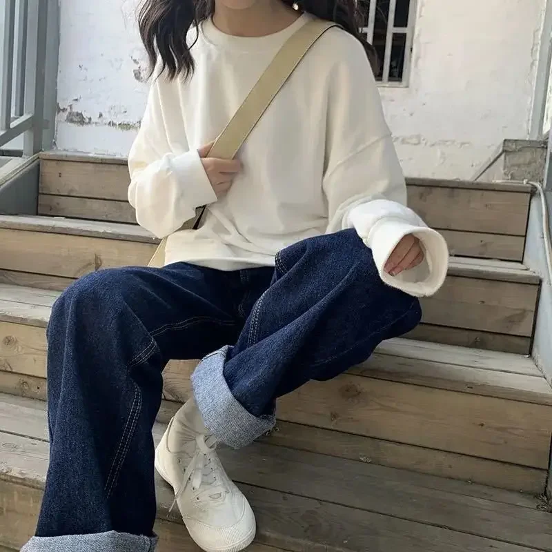 

Jeans Women Solid High Waist Wide Leg Aesthetic Thicker Winter Warm Denim Comfortable Stylish Leisure Loose Trousers Femme Ins