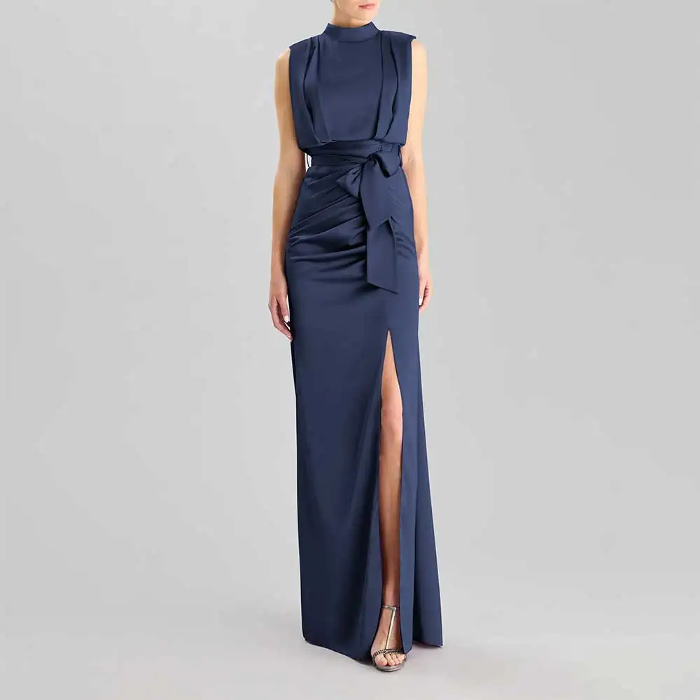 

Плиссированное вечернее платье без рукавов с бантом и боковым разрезом с поясом для женщин, вечернее платье для выпускного вечера, платья подружки невесты, элегантные коктейльные платья