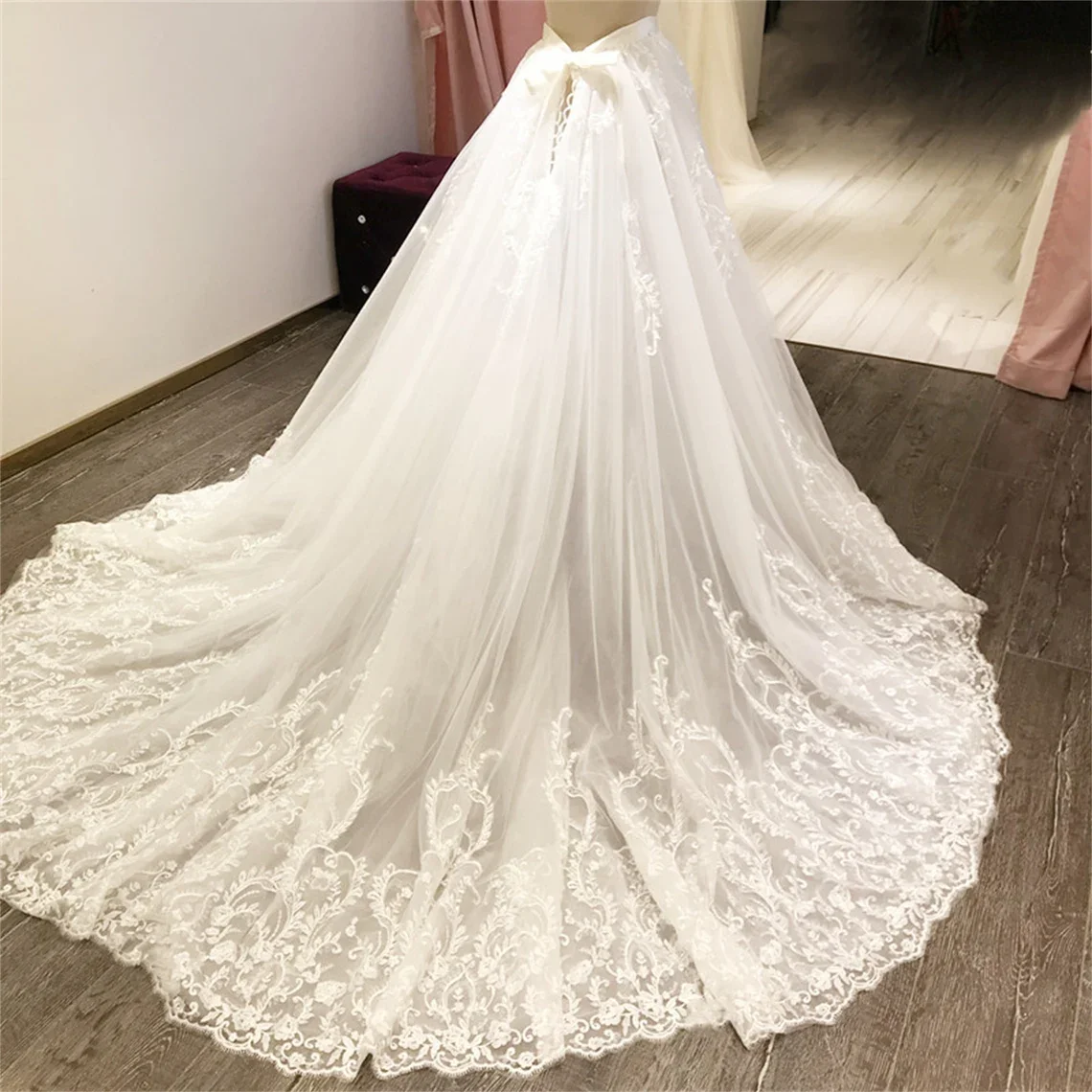 Lace Appliques Luxury Detachable Train Wedding Removable Skirt For Dresses Boho Bridal Overskirt