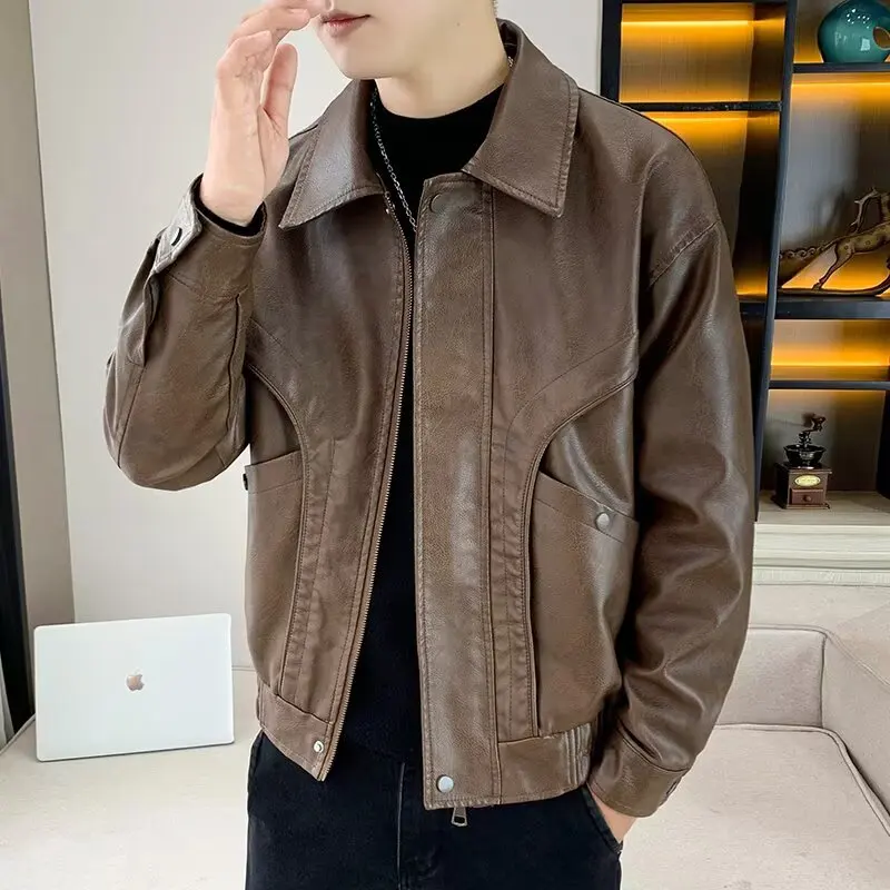 

Кожаный джет в американском стиле ретро, мужской осенний мотоциклетный джерт из искусственной кожи, свободный крой, молодежный повседневный джерт, дышащее полиэфирное волокно