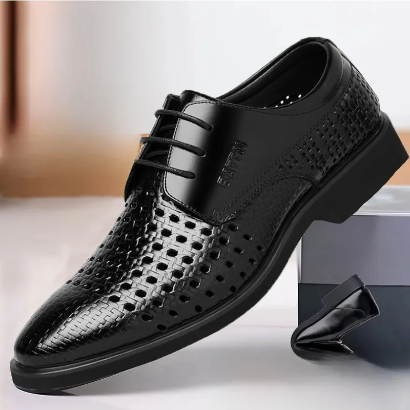 Sandalias de cuero para hombre, zapatos informales sin cordones con diseño calado de piel de vaca transpirable, suela de goma cómoda antideslizante