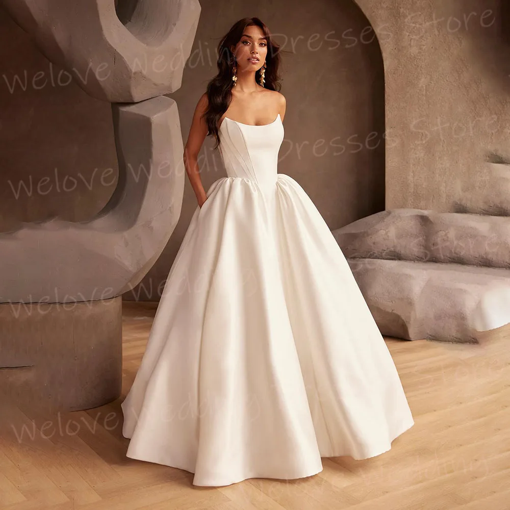 

Sexy A Line Women's Wedding Dresses Strapless Backless Vestidos De Novia Customized Bride Gowns Sleeveless Satin Vestidos Boda