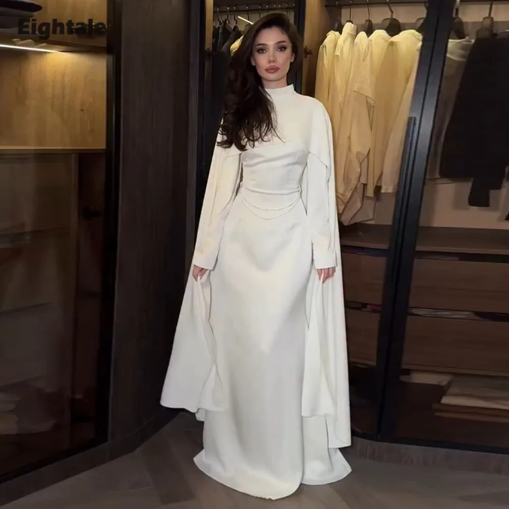 

Eightale Arabic Wedding Dress O-Neck Customized Ivory Satin Mermaid Muslim Long Sleeves Bridal Gown Bride Party Dress