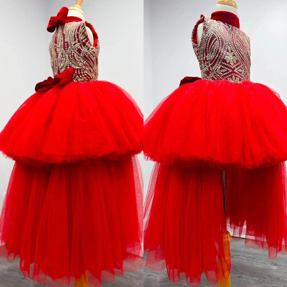 Luxury Red Girl Pageant Dress Flower Girls Dresses for Wedding High Low Beading Kids Ruffles Party Birthday Gowns per servizio fotografico