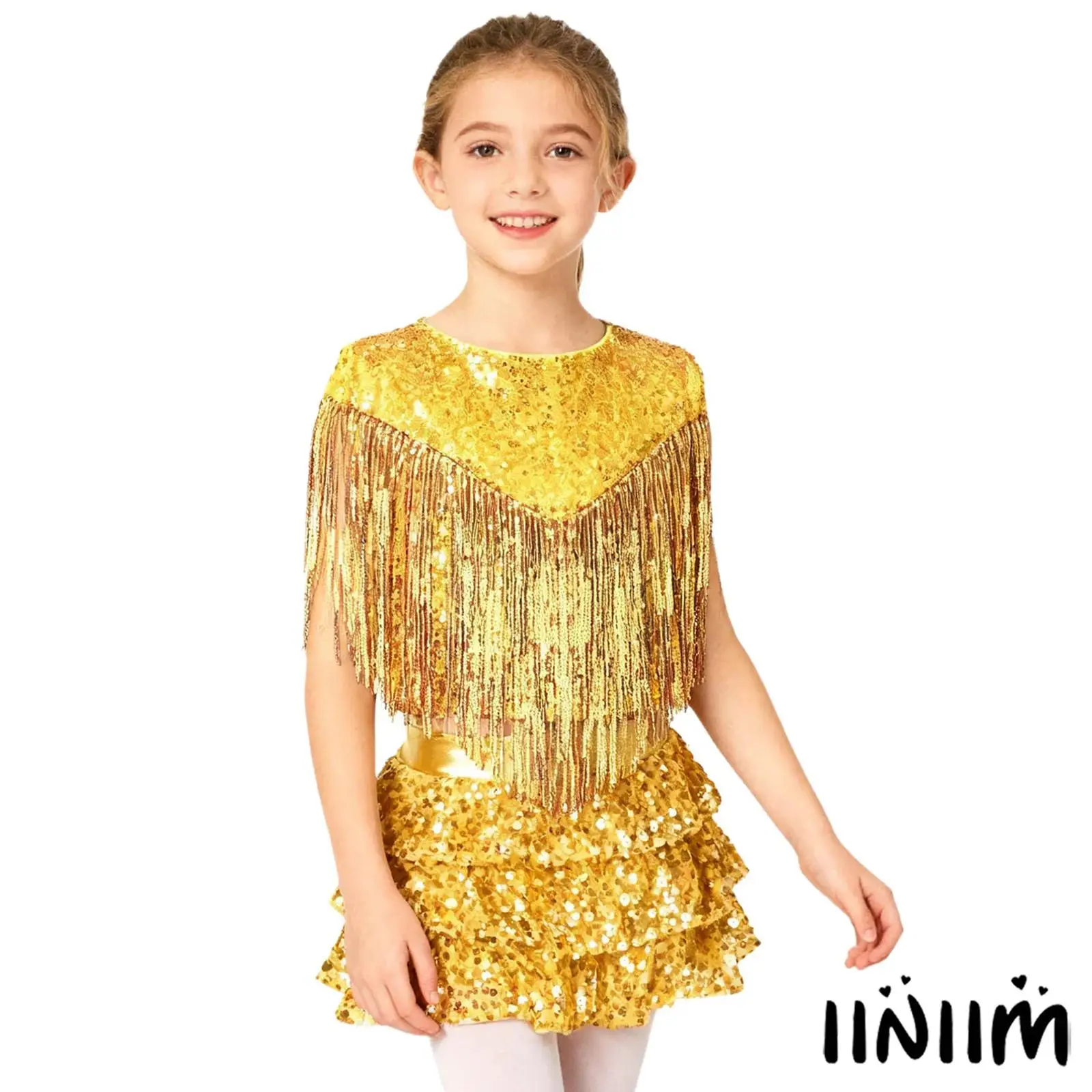 

Girls 2 Pieces Jazz Modern Dance Outfit Shiny Sequins Chest Tassels Top with Skirted Shorts 70S Disco Contemporary Dancewear