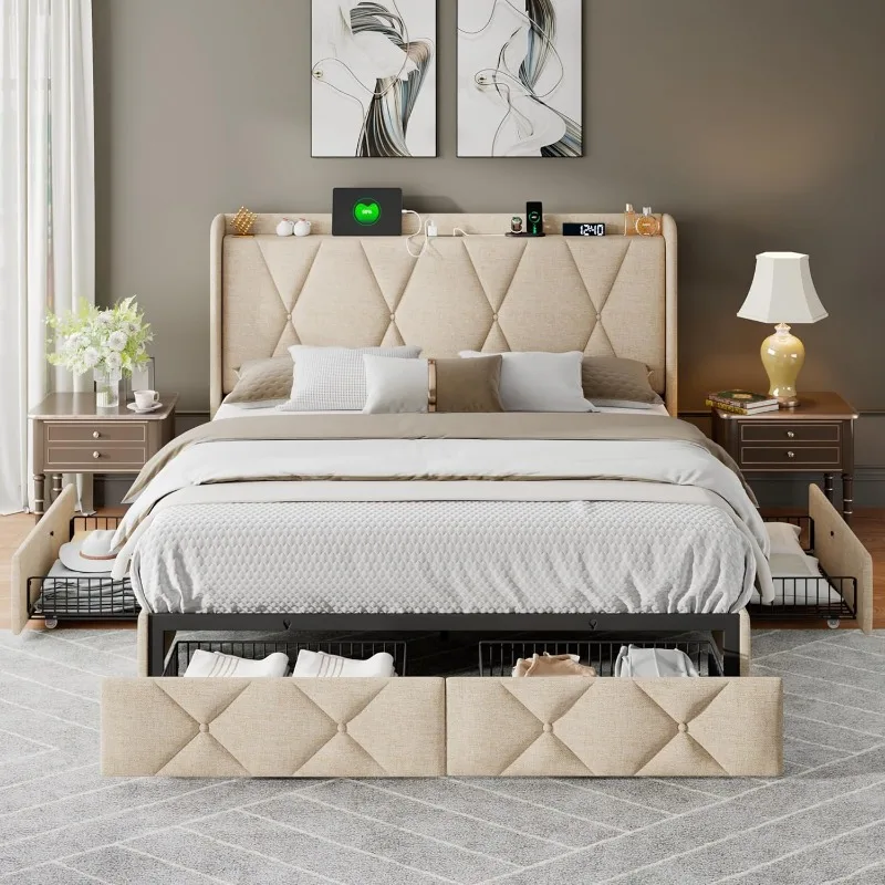 Full Bed Frame with 4 Storage Drawers,Upholstered Button Tufted Storage Headboard with Fast Charging Station,No Box Spring Need