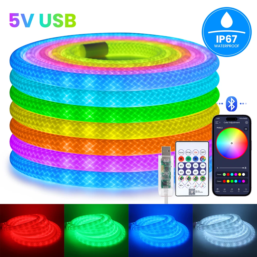 5V WS2812B Neon LED Light 360 Round 24key Bluetooth Kit Pixel Strip Addressable RGB IC Waterproof Flex Reticulate Pattern Lamp
