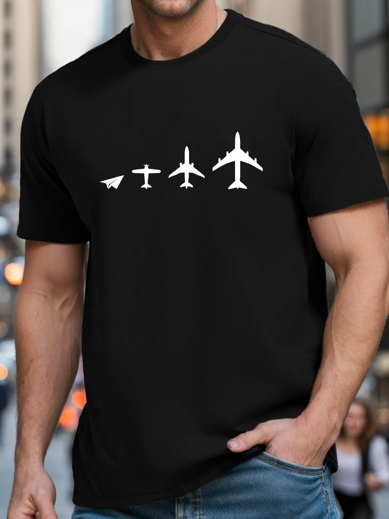 

Men's History Of Airplane Evolution Print T-shirt Stylish Crew Neck, Short Sleeve, Summer Sportswear Comfortable