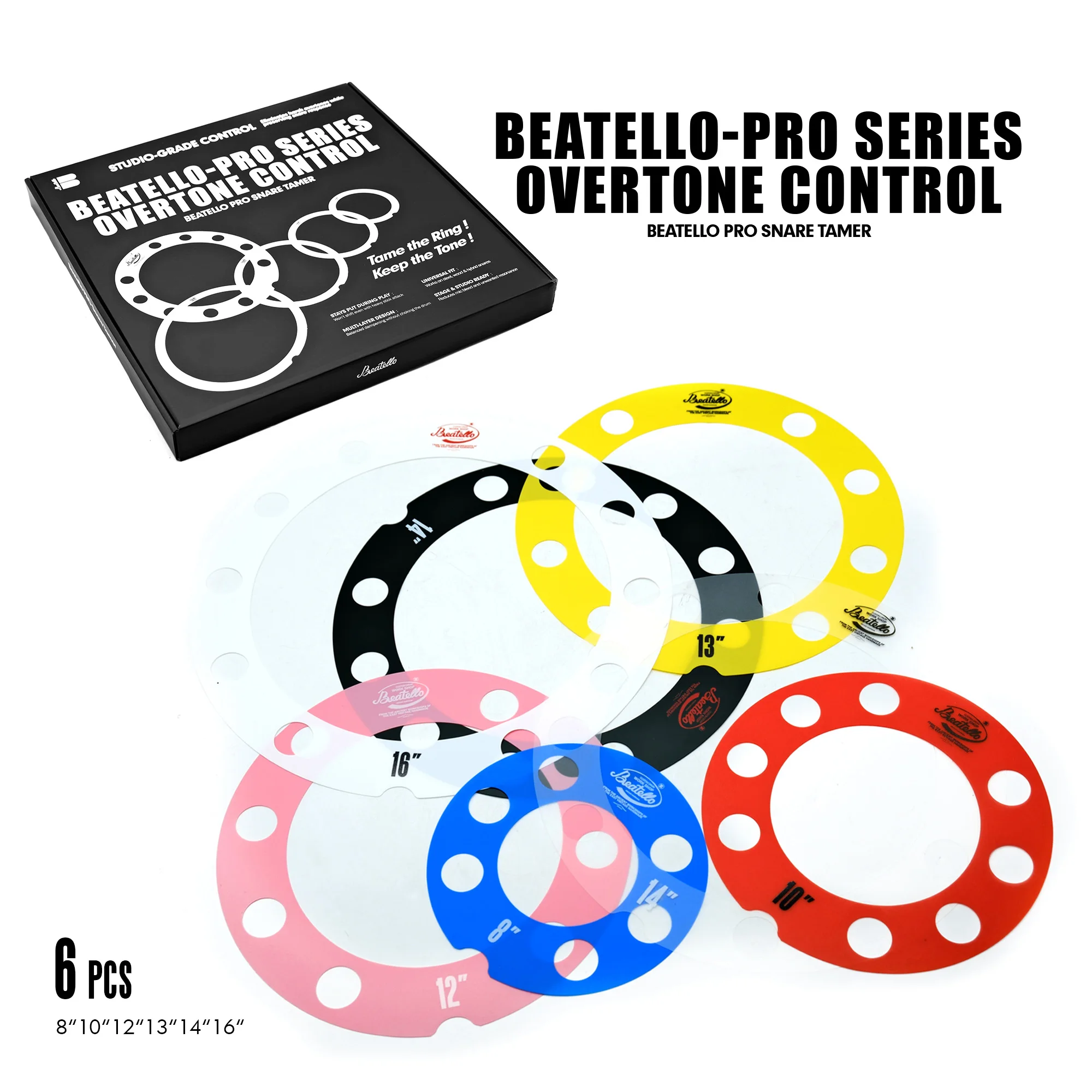 

Beatello Overtone Control Rings Low-End Enhancers PVC High Quality 8-10-12-13-14-16 Sizes 6-Piece Kit Fits Any Brand Drums/Snare