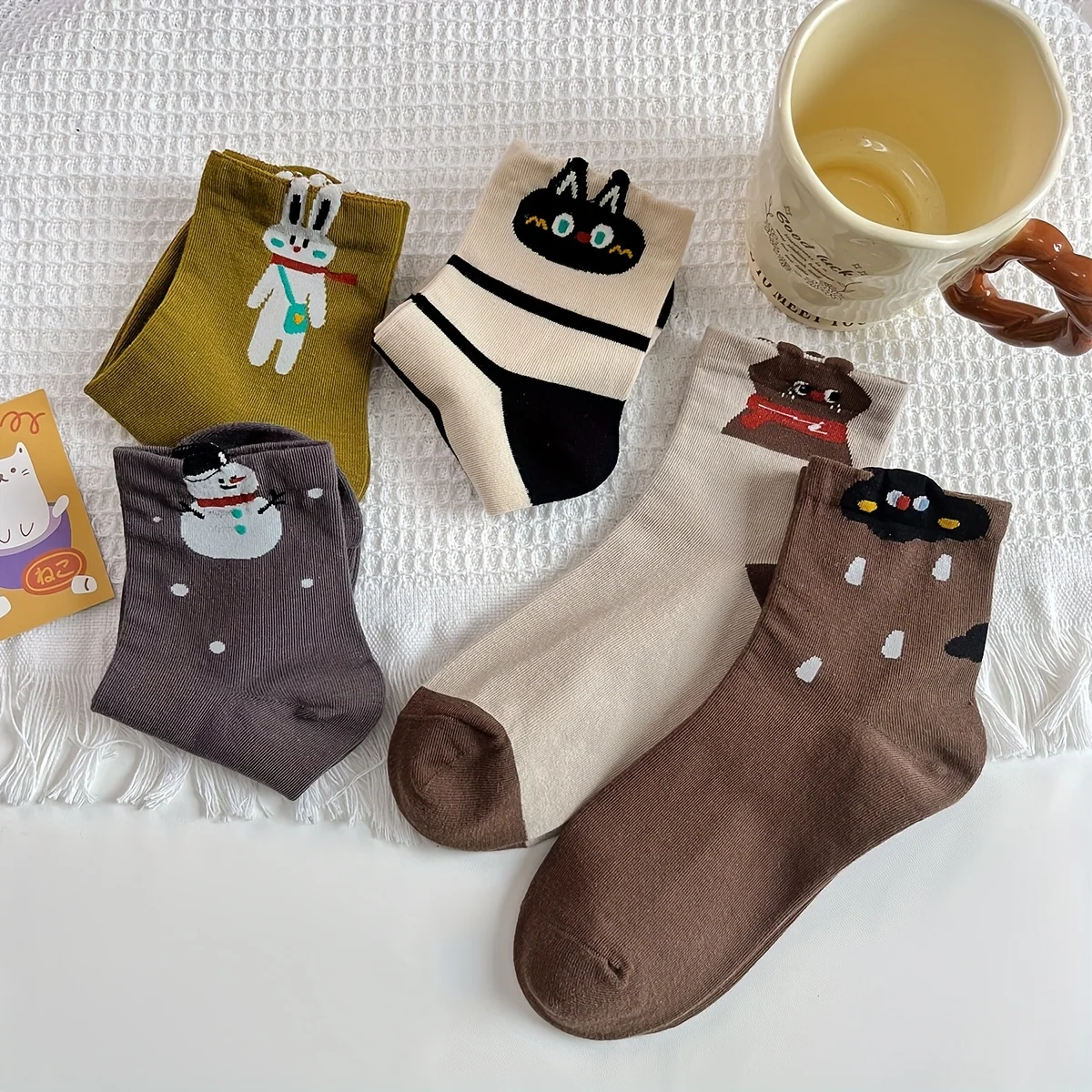 5 Pairs Cute Animal Rabbit Snowman Bear Pattern Socks Spring Autumn Casual Breathable Mid-Calf Girls Long Socks Multicolor