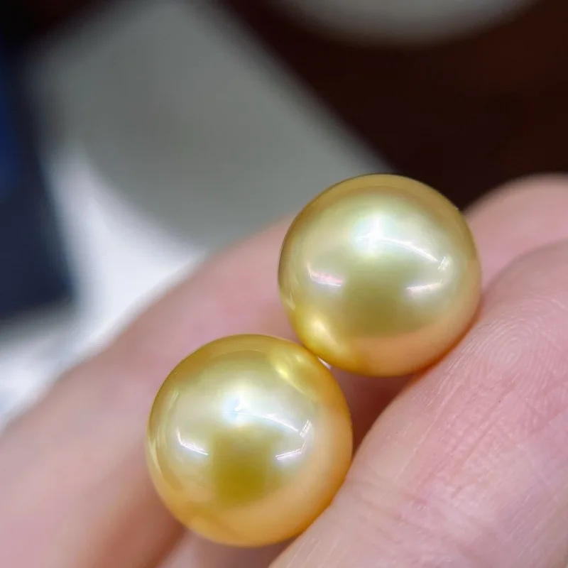 

12-13mm Natural Saltwater South Sea Golden Pearl Earrings, 18K Gold Posts Near Round Slight Blemishes, Luxury Pearl Jewelry Gift