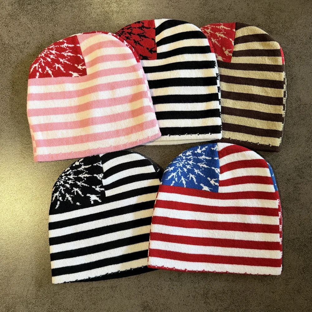 Retro American Style High Quality Stripe Graphic Print Casual Hat Warm Winter Skullcap Knitting Stretchable Beanie Men Women