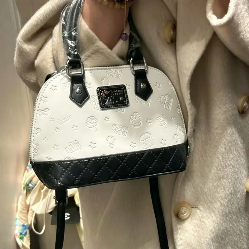 20Cm Sanrio Embossing Hello Kitty Black and White Series Crossbody Bag Cortex Waterproof Wear-Resistant Lady Travel Shoulder Bag
