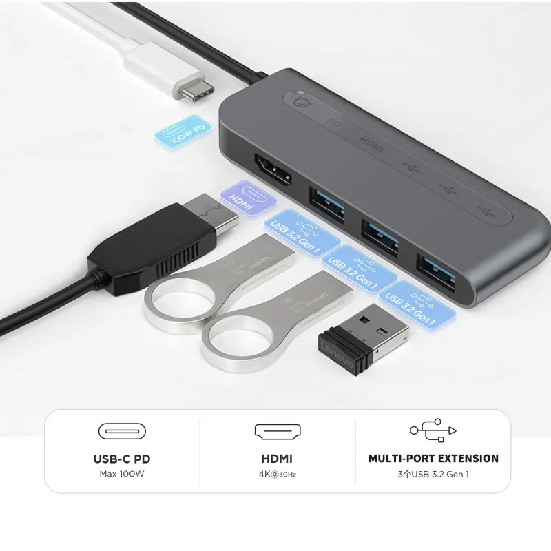 Lenovo Xiaoxin D1  Docking Station Five-in-one Multi-Function USB-C Fast Charge 4K HD Transmission Aluminum Alloy Material