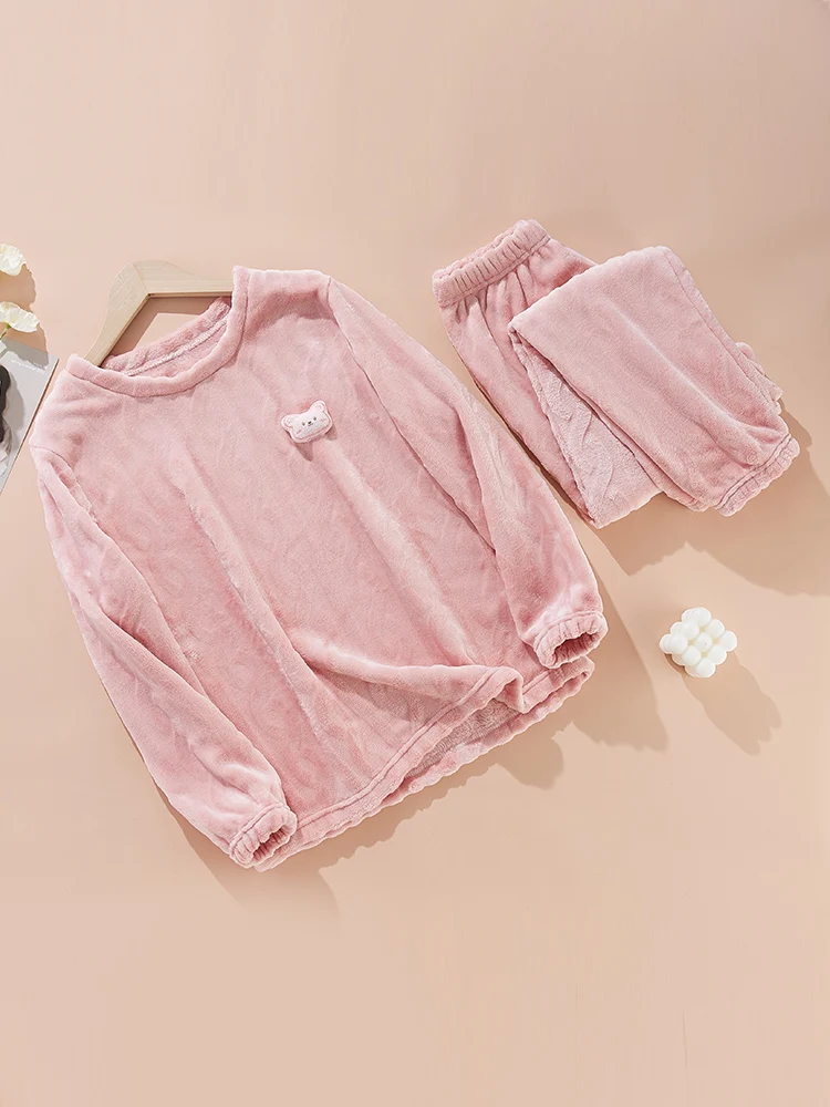 Coral Fleece Sleepwear Autumn Women Thickening Round Neck Long Sleeve Pajamas Women's 2 Pieces Set Cute Sleepwear Nightwear