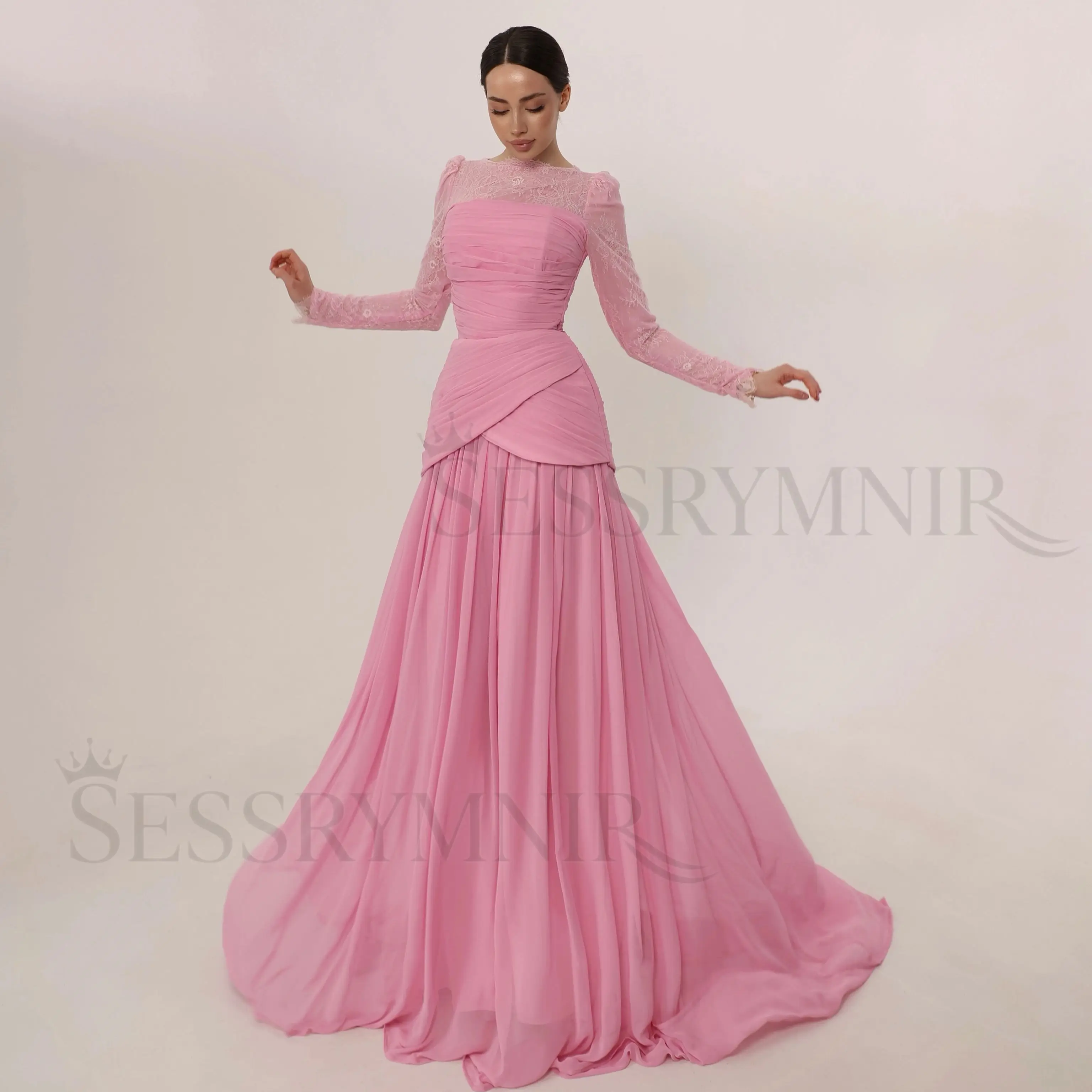 SESSRYMNIR Women'S Formal Evening Gowns Customize Scoop Neck A-Line Evening Dresses Ruffled Long Sleeves Floor-Length Elegant